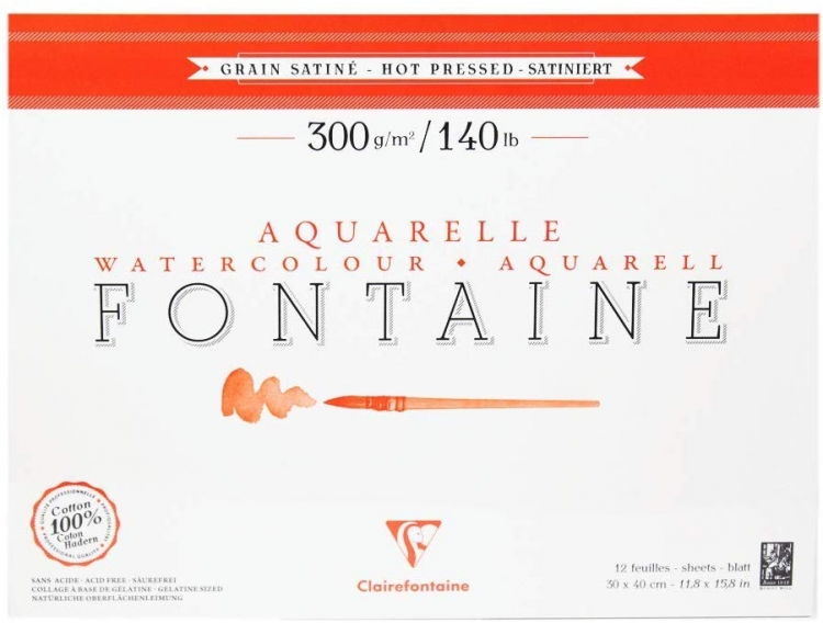 96351C Clairefontaine Fontaine Watercolor Hot Pressed - Pad 12 Sheets - 11 7/8 x 15 3/4